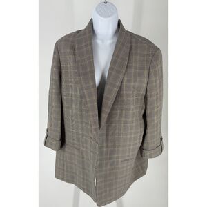 Black Label Chaus NWTs Plaid Blazer Gray Brown Open Front Rolled Sleeve